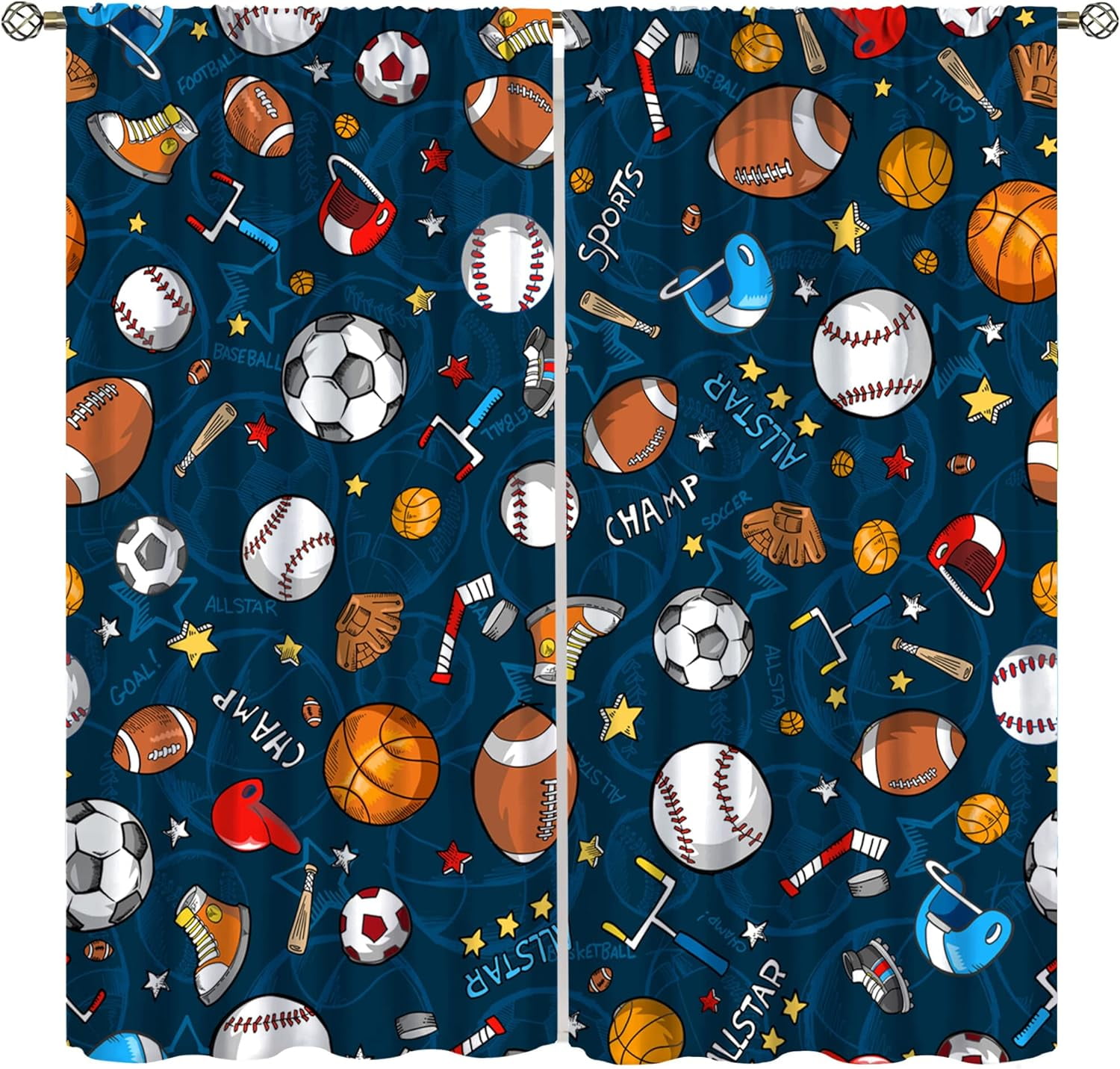 Kids Bedroom Window Curtains, Basketball Soccer Baseball Sports Theme Teenage Boys Home Living Room Blackout Curtains,Decor 42"W x 63"L (Pack of 2)