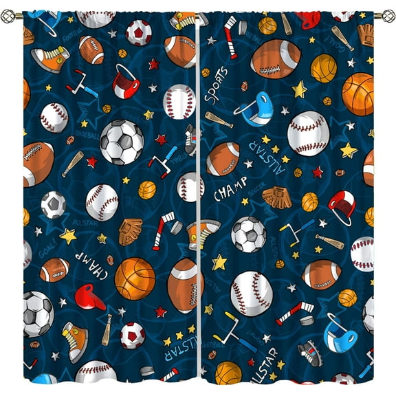 Kids Bedroom Window Curtains, Basketball Soccer Baseball Sports Theme Teenage Boys Home Living Room Blackout Curtains,Decor 42"W x 63"L (Pack of 2)