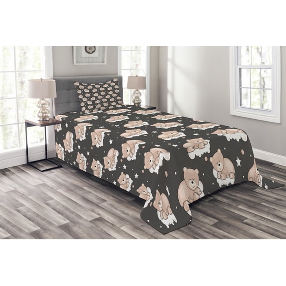 Kids Bedspread Set, Adorable Teddy Bears Sleeping on Clouds with Stars and Dots Night Time Dream, Decorative Quilted Coverlet Set with Pillow Shams Included, Dark Taupe Tan White, by Ambesonne