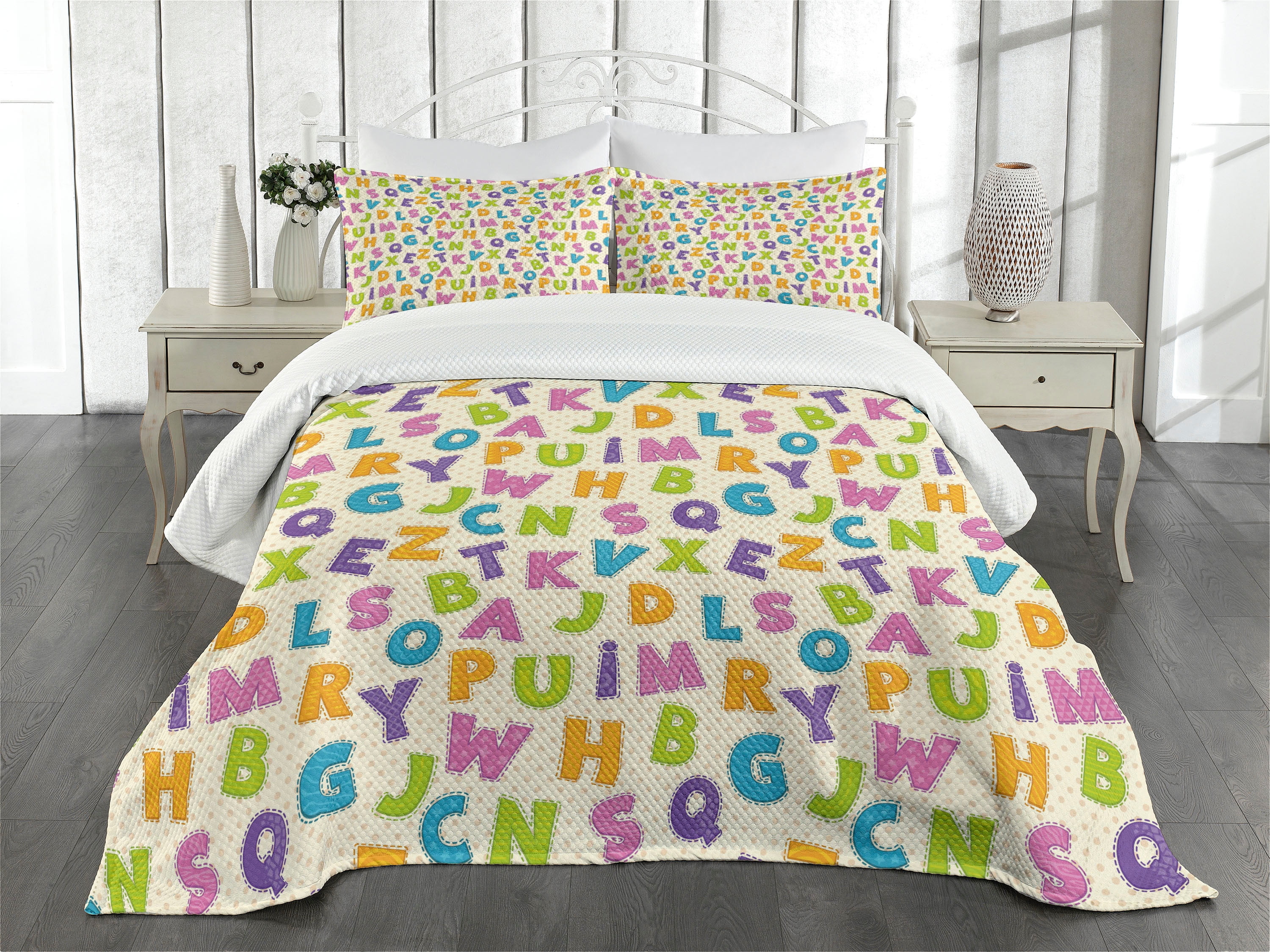 Kids Bedspread Set King Size, Cute Funny Letters in Lively Colors