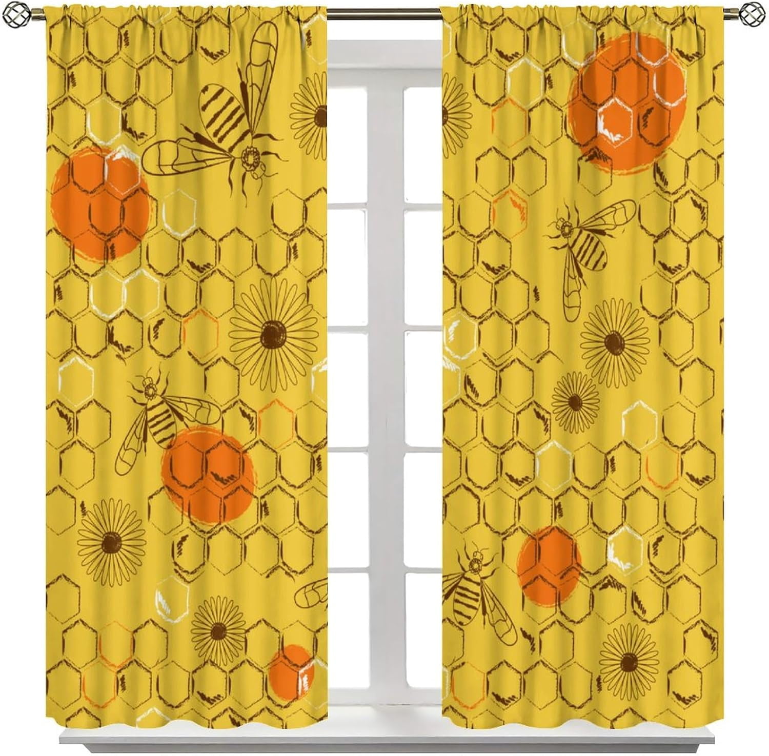 Kids Bee Blackout Curtains Cartoon Cute Bee Yellow Honeycomb Floral Pattern Print Living Room Curtains Suitable for Boys Girls Room Bedroom Decorative Curtains 52x84 Inches