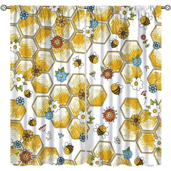 Kids Bee Curtains,Cartoon Flower Animal Cute Honey Bee Honeycomb Window Treatments for Boys Girls Child Bedroom Living Room Nursery Study Drapes 2 Panels Set,Total Size 52 x 84 Inch