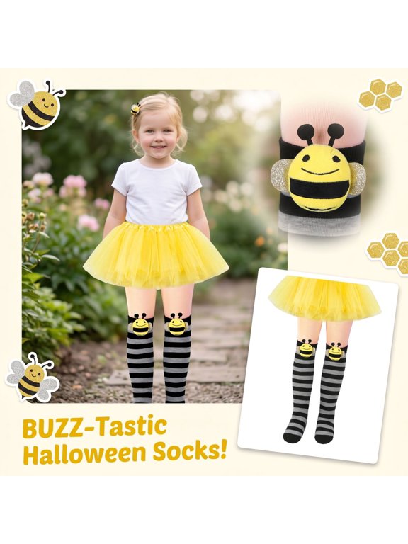 Kids Bee Knee High Socks for Halloween, 3D Plush Bumblebee Costume Socks, Gray Black Striped Toddler Socks for Christmas Stocking Stuffers, Gag Gifts and Fun Holiday Gifts
