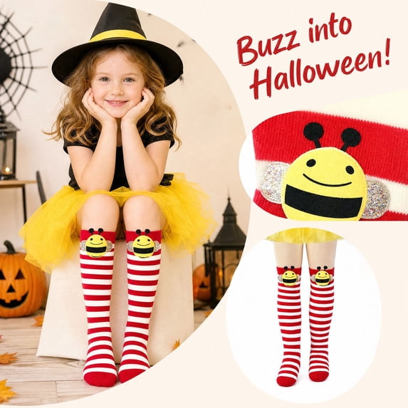 Kids Bee Knee High Socks for Halloween, 3D Plush Bumblebee Costume Socks, Red White Striped with Red Toe for Christmas Stocking Stuffers, Gag Gifts and Fun Holiday Gifts