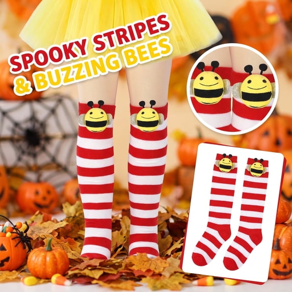 Kids Bee Knee High Socks for Halloween, 3D Plush Bumblebee Costume Socks, Red White Striped Toddler Girls Socks for Christmas Stocking Stuffers, Gag Gifts and Fun Holiday Gifts