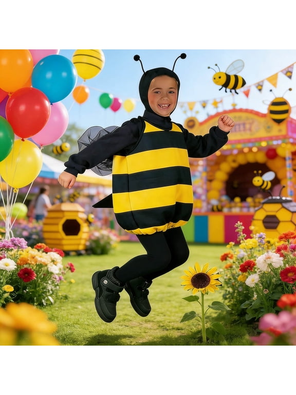Kids Bee Ladybug Costume Boys Girls 3D Wings Hooded Bodysuit with Antennae Front Zip Role Play Dress Up Outfit 2-8Y