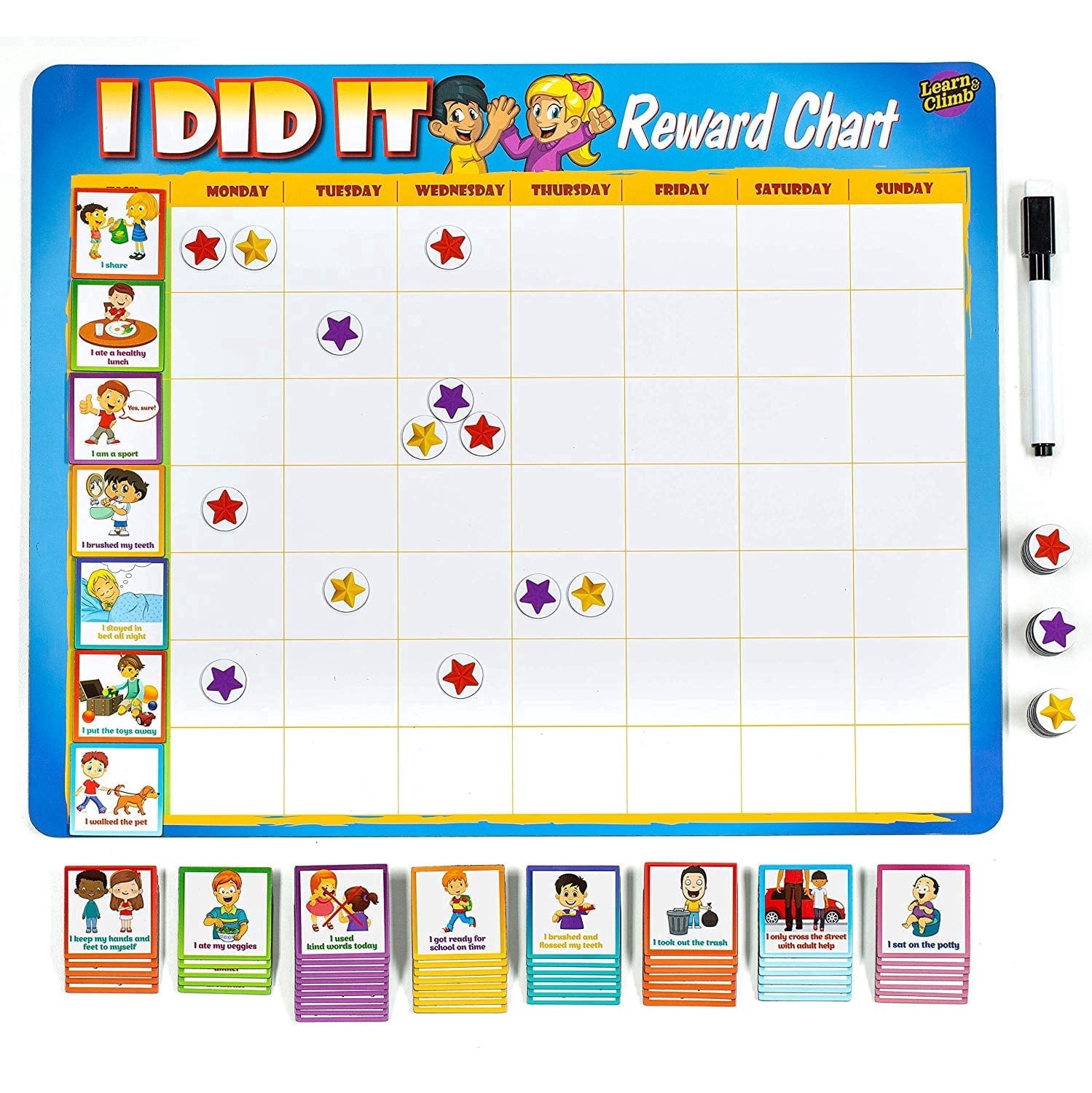 Learn & Climb Kids Behavior Reward Chart Magnetic Board with 63 Chores for Potty Training & Responsibility Tasks for Multiple Kids