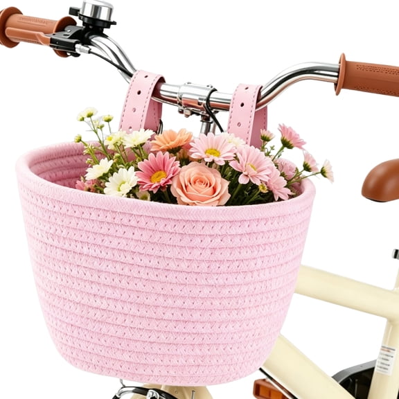 Small Bike Basket, Woven Cotton Rope Front Handlebar Basket for Bicycle, Foldable Storage Holder for Small Scooter, Tricycle, Balance Bike, Pink