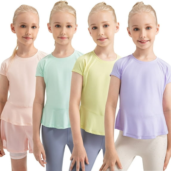 Kids Big Girls Dance Sports Shirts Athletic Running Gymnastics Yoga Tee Tops 5-12 Years