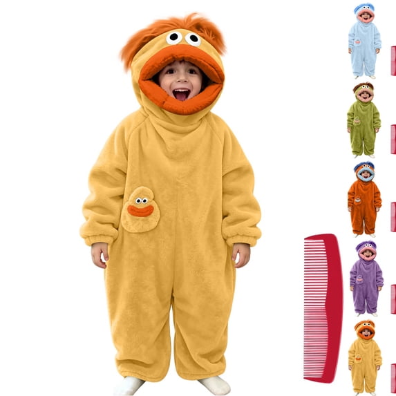 Kids Big Mouth Monster - Silly Frog Onesie with Comb Funny Cozy Silly Hooded Plush Loungwear Yellow 5-6 Years