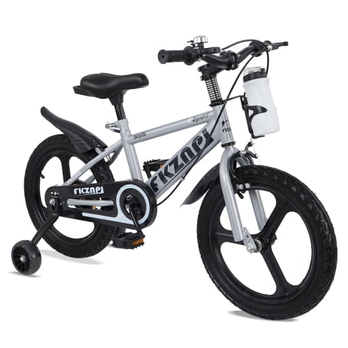 Baprem 18" Kids Bike with Night-Glow Training Wheels, Comfort Steel Frame Children Bicycle with Adjustable Seat & Water Bottle for Girls Boys Ages 5-9 Years, Gray