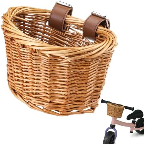 Kids Bike Basket with Adjustable PU Belts, Wicker Bike Baskets Handmade Woven Rattan Bike Basket Front Handle Children Bike Basket for Children Bicycle Accessories