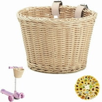 Kids Bike Basket Front with 50 Pcs Waterproof Vinyl Sunflowers Stickers, Hand-Woven Multi-Color Boys Girls Front Bicycle Basket, Bicycle Accessories (Beige)