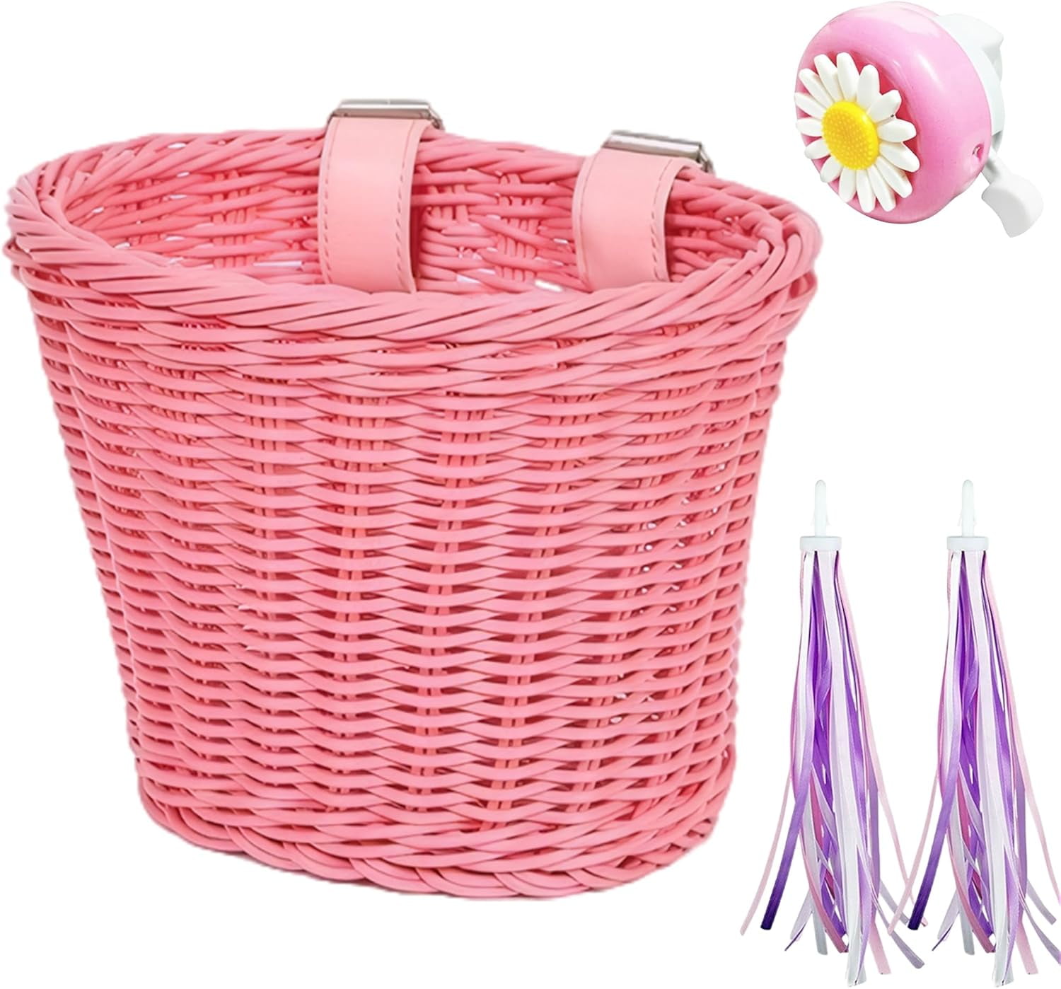 Kids Bike Basket Front: Handwoven Wicker Bicycle Basket, Bike Bell & Ribbons Tassels Bike Accessories for Kids, Fits Most Bicycle, Balance Bike, Tricycle,Scooter