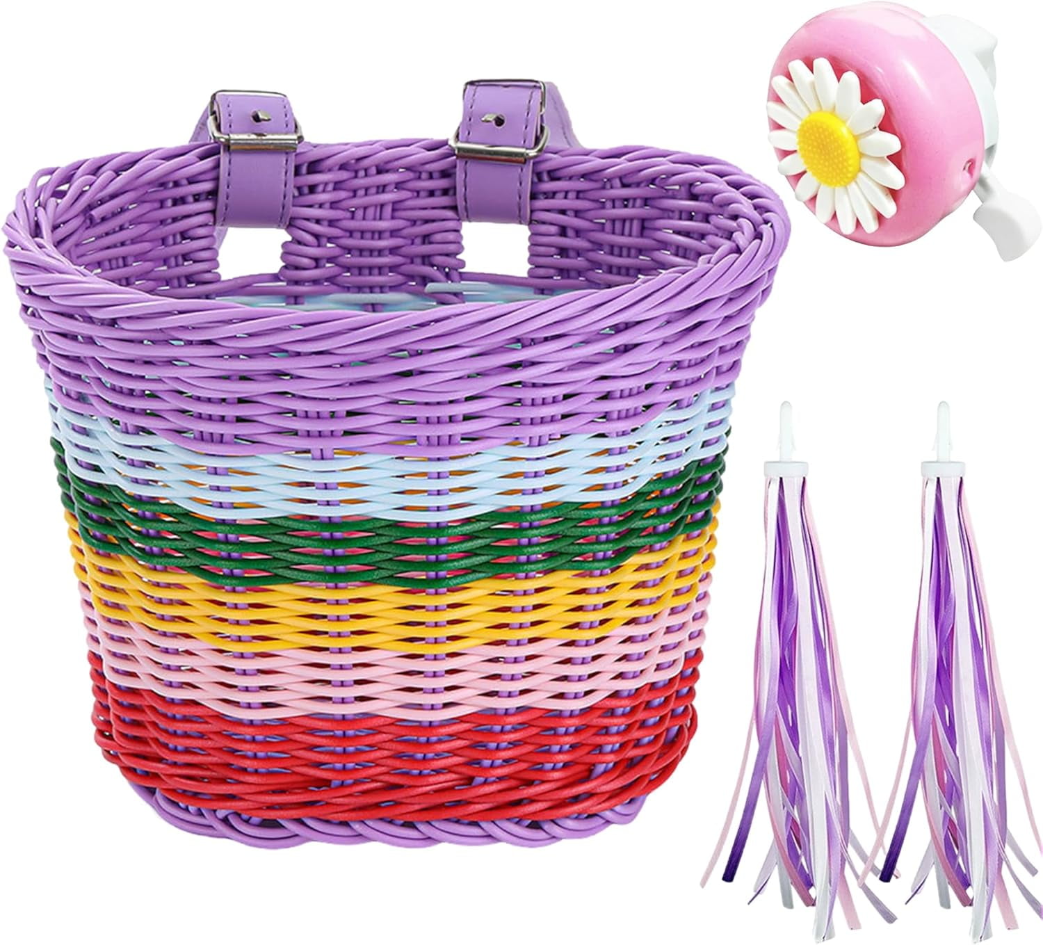 Kids Bike Basket Front: Handwoven Wicker Bicycle Basket, Bike Bell & Ribbons Tassels Bike Accessories for Kids, Fits Most Bicycle, Balance Bike, Tricycle,Scooter