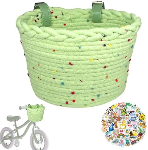 Kids Bike Basket Rope Woven Front Bicycle Basket for Boys Girls Kids Front Handlebar Basket for Scooter,Balance Bikes Cute Bike Basket with Colored Spots