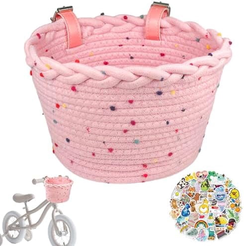 Kids Bike Basket Rope Woven Front Bicycle Basket for Boys Girls Kids Front Handlebar Basket for Scooter,Balance Bikes Cute Bike Basket with Colored Spots