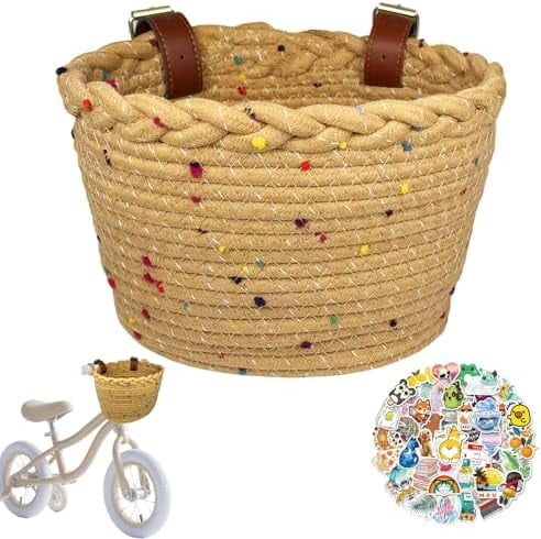 Kids Bike Basket Rope Woven Front Bicycle Basket for Boys Girls Kids Front Handlebar Basket for Scooter,Balance Bikes Cute Bike Basket with Colored Spots
