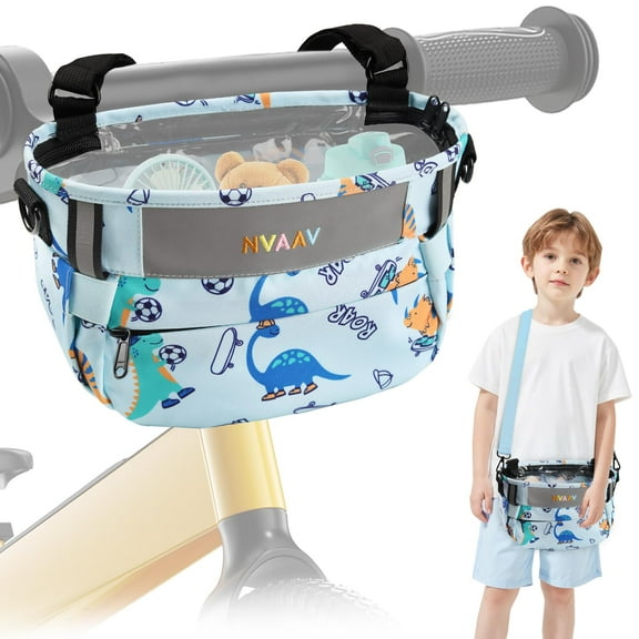 Kids Bike Front Basket with Dinosaur Print, 4L Waterproof Handlebar Bag with Clear Lid & Shoulder Strap for Bicycle Scooter, Blue