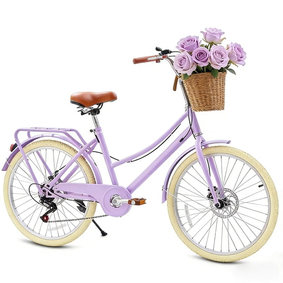 Kids Bike for Girls, Akaber 20 Inch Kids Bicycles for 6-15, 7-Speed Retro Cruiser with Rattan Basket, Lightweight Carbon Steel Frame, Dual Disc Brakes