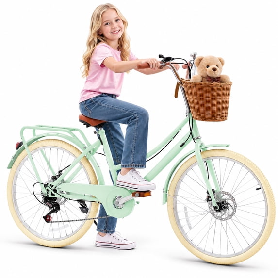 Kids Bike for Girls, Akaber 20 Inch Kids Bicycles for 6-15, 7-Speed Retro Cruiser with Rattan Basket, Lightweight Carbon Steel Frame, Dual Disc Brakes