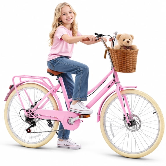 Kids Bike for Girls, Akaber 24 Inch Kids Bicycles for 6-15, 7-Speed Retro Cruiser with Rattan Basket, Lightweight Carbon Steel Frame, Dual Disc Brakes