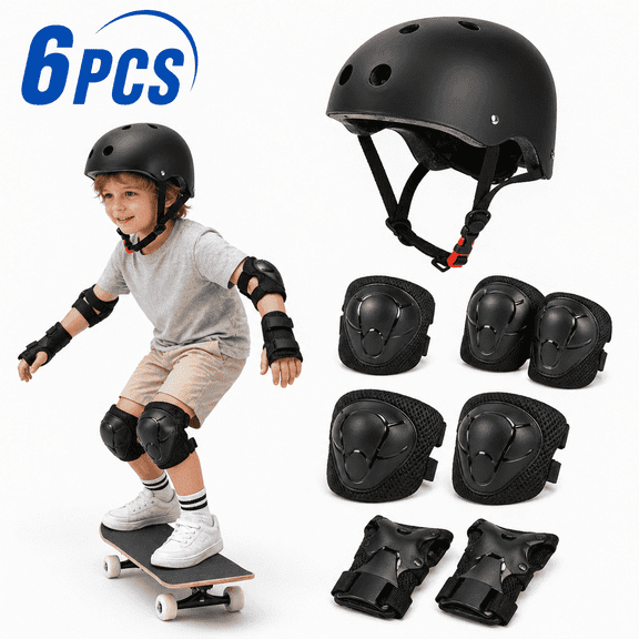 Kids Bike Helmet, 7 Pcs Protective Gear Set with Knee Elbow Pads, Black Perfect for Toddler Age 3-8 5-10 Years Skateboard Scooter, Toddler Helmet and Pads Set