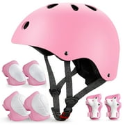 Kids Bike Helmet, Toddler Helmet for Ages 3-10 Boys Girls with Sports Protective Gear Set Knee Elbow Wrist Pads for Skateboard Cycling Scooter Rollerblading - Pink