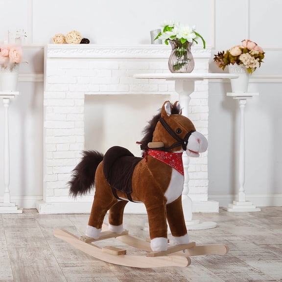 Kids Bike Qaba Kids Ride on Rocking Horse Plush Toy with Realistic Sounds and Red Scarf for Over 3 Years Old Birth Gift,Boys Bike