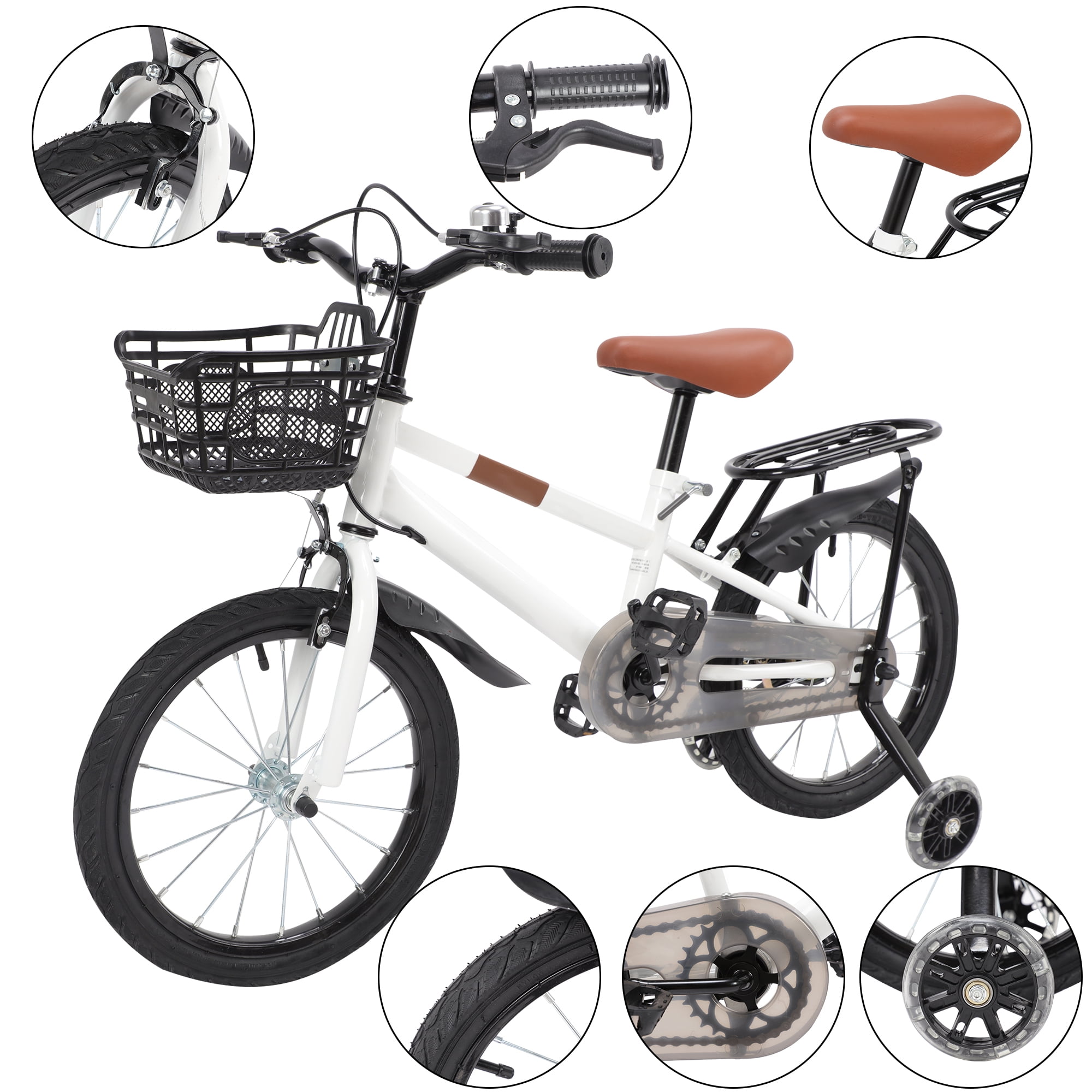 Kids Bike for Boys and Girls 3-12 Years Old, 20 Inch Children Bicycle with Training Wheels, Basket and Handbrake, White