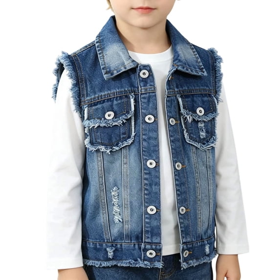 Kids Biker Denim Vest for Boys & Girls Distressed Lapel Jean Waistcoat