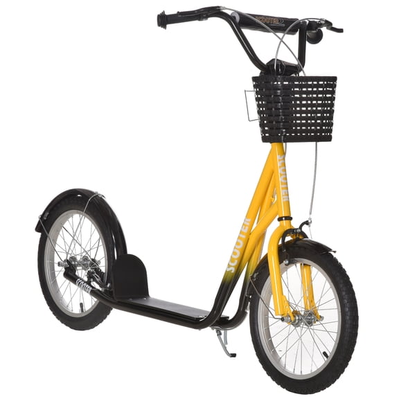 Kids Bikes Aosom Youth Scooter, Kick Scooter with Adjustable Handlebars, Double Brakes, 16" Inflatable Rubber Tires, Basket, Cupholder, Orange,Kids Riding Toys