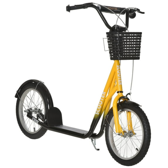 Kids Bikes Aosom Youth Scooter, Kick Scooter with Adjustable Handlebars, Double Brakes, 16" Inflatable Rubber Tires, Basket, Cupholder, Orange,Kids Riding Toys