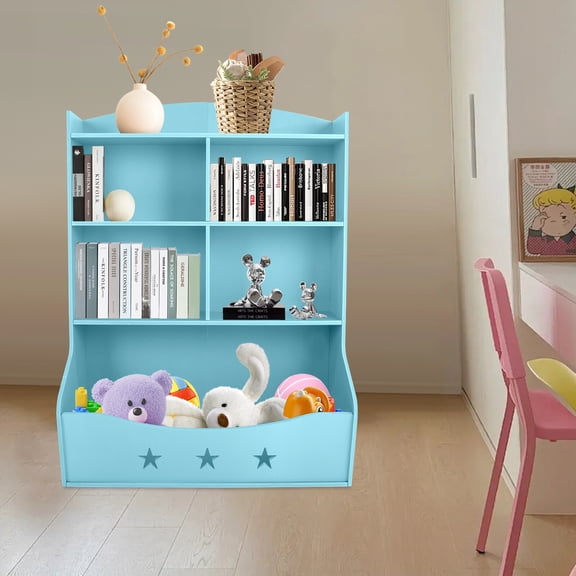 Kids Bin Toy Storage Box Bookcase Organizer Shelf Playroom Bookshelves Blue