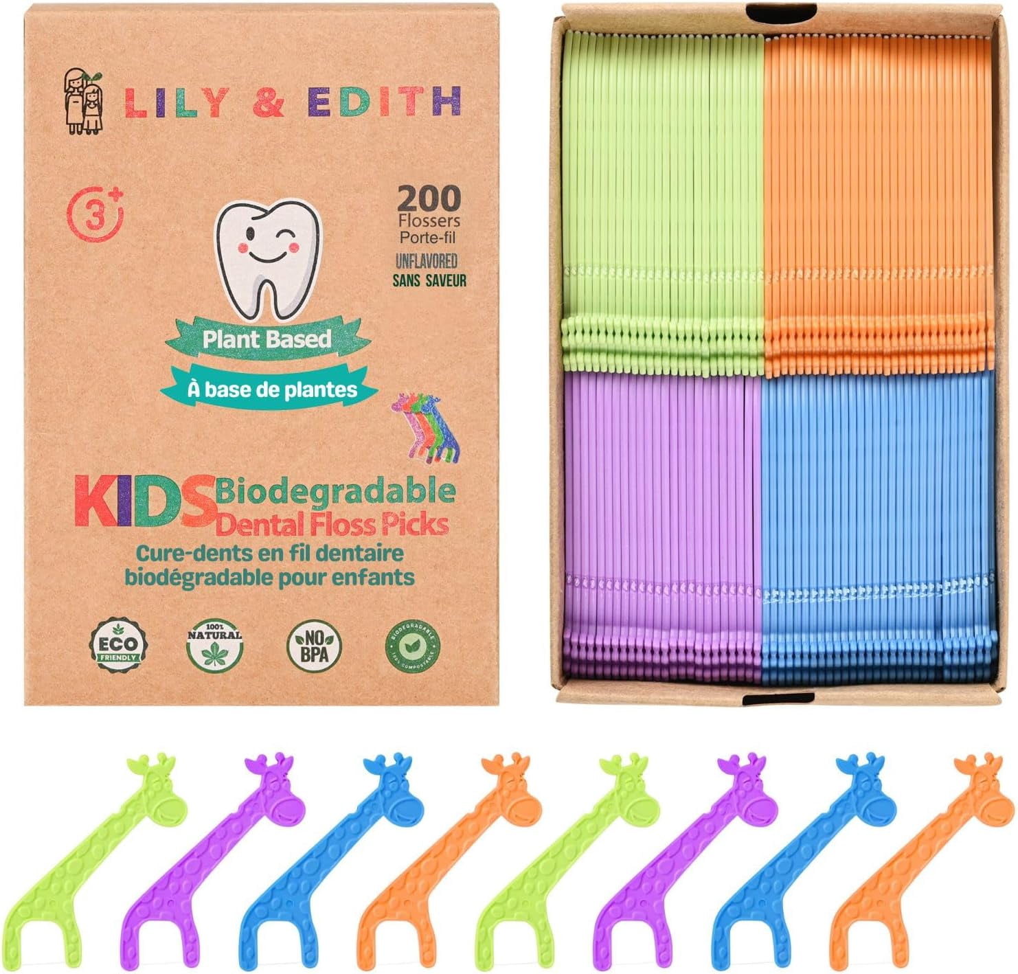 Kids Biodegradable Dental Floss Picks 200 Counts, Fluoride Free, Plant Based Material, Fun Animal Flossing Sticks, Ultra Sturdy Thread, Zero Waste Package (Unflavored)