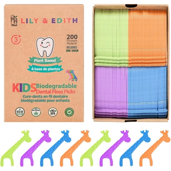 Kids Biodegradable Dental Floss Picks 200 Counts, Fluoride Free, Plant Based Material, Fun Animal Flossing Sticks, Ultra Sturdy Thread, Zero Waste Package (Unflavored)