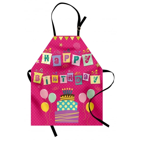 Kids Birthday Apron Colorful Letters in Shape of Present Boxes Balloons Cake Graphic, Unisex Kitchen Bib Apron with Adjustable Neck for Cooking Baking Gardening, Dark Coral Multicolor, by Ambesonne