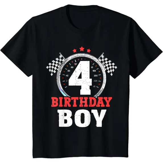 Kids Birthday Boy 4 Four Race Car 4th Birthday Racing Car Driver T-Shirt Gift fo