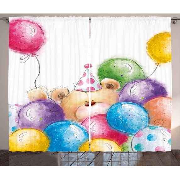 Ambesonne Birthday Curtains 2 Panel Set, Sketchy Bear Balloons, 108" x 63", Multicolor