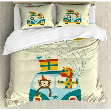 Kids Birthday Duvet Cover Set King Size, Blue Hippie Bus with Monkeys Giraffes Balloons Surprise Box Artwork Print, Decorative 3 Piece Bedding Set with 2 Pillow Shams, Multicolor, by Ambesonne