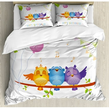Kids Birthday Duvet Cover Set King Size, Celebration Owls Sitting on a Branch with Balloons on Abstract Backdrop Art, Decorative 3 Piece Bedding Set with 2 Pillow Shams, Multicolor, by Ambesonne