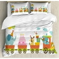 thumbnail image 1 of Kids Birthday Duvet Cover Set King Size, Happy Cartoon Style Cake Dessert Animals Balloons in a Party Train Image, Decorative 3 Piece Bedding Set with 2 Pillow Shams, Multicolor, by Ambesonne, 1 of 3