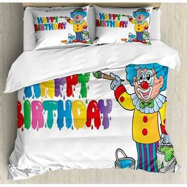 Kids Birthday Duvet Cover Set King Size, Happy Clown for Party with Colorful Painting Drawing Style Buckets Print, Decorative 3 Piece Bedding Set with 2 Pillow Shams, Multicolor, by Ambesonne