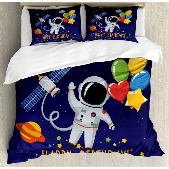 Kids Birthday Duvet Cover Set King Size, Space Lover Theme Astronaut with Party Balloons on Blue Colored Backdrop, Decorative 3 Piece Bedding Set with 2 Pillow Shams, Multicolor, by Ambesonne