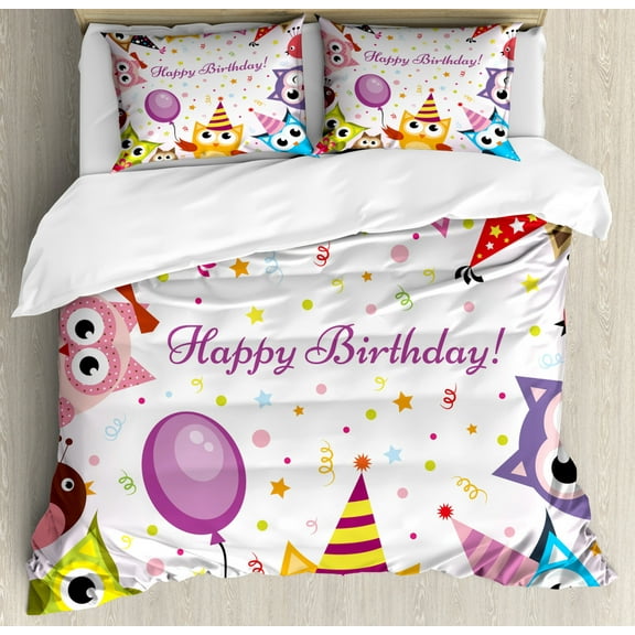 Kids Birthday Duvet Cover Set Queen Size, Birthday Party Owl Family with Colorful Cone Hats on Confetti Backdrop Art, Decorative 3 Piece Bedding Set with 2 Pillow Shams, Multicolor, by Ambesonne