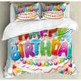 thumbnail image 1 of Kids Birthday Duvet Cover Set Queen Size, Cartoon Style Happy Birthday Party Image Cake Candles Hearts Design Print, Decorative 3 Piece Bedding Set with 2 Pillow Shams, Multicolor, by Ambesonne, 1 of 3