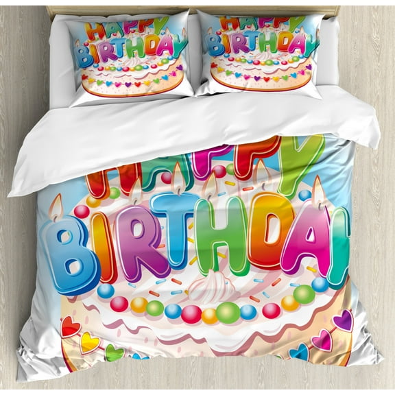 Kids Birthday Duvet Cover Set Queen Size, Cartoon Style Happy Birthday Party Image Cake Candles Hearts Design Print, Decorative 3 Piece Bedding Set with 2 Pillow Shams, Multicolor, by Ambesonne