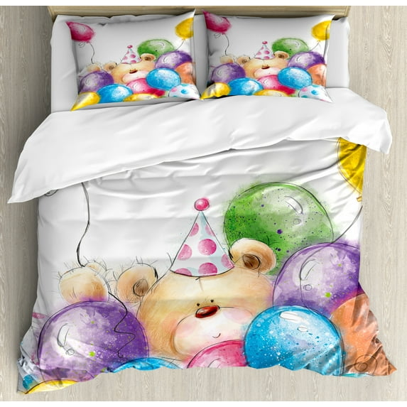 Kids Birthday Duvet Cover Set Queen Size, Hand Drawn Style Childish Design Teddy Bear Toy and Colorful Balloons Print, Decorative 3 Piece Bedding Set with 2 Pillow Shams, Multicolor, by Ambesonne