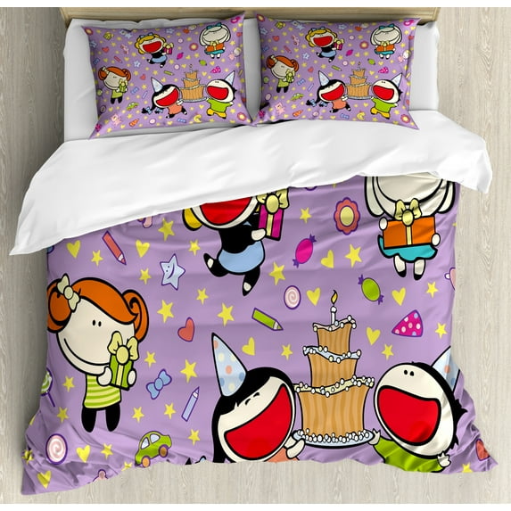 Kids Birthday Duvet Cover Set Queen Size, Happy Children Tasty Cake Presents Bears Stars on Purple Colored Backdrop, Decorative 3 Piece Bedding Set with 2 Pillow Shams, Multicolor, by Ambesonne