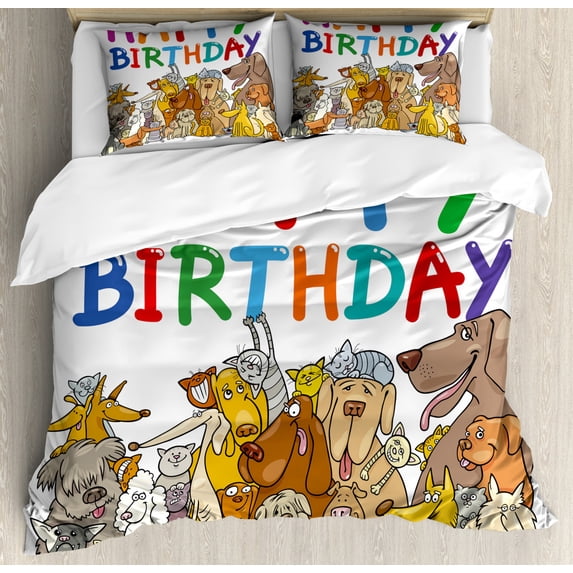 Kids Birthday Duvet Cover Set Queen Size, Multicolored Cartoon Streets Dogs Cats Animals Party Themed Quote Fun Print, Decorative 3 Piece Bedding Set with 2 Pillow Shams, Multicolor, by Ambesonne
